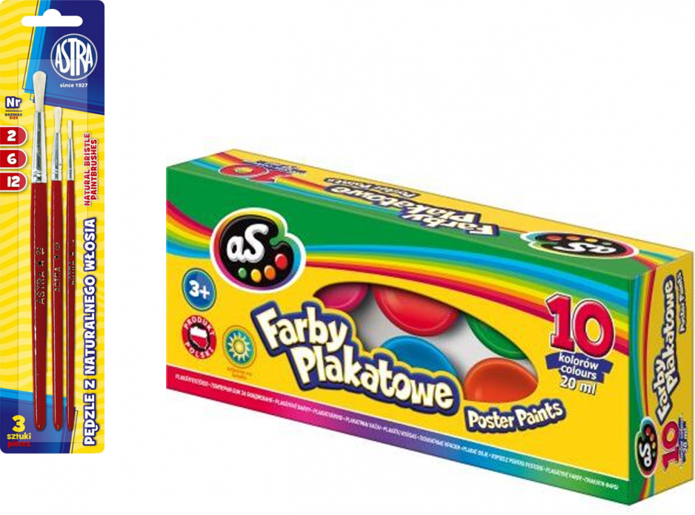 Zestaw: Farby plakatowe Astra AS, 20ml, 10 sztuk, mix kolorów + Zestaw pędzli Astra, z naturalnego włosia, rozmiar 2/6/12, 3 sztuki