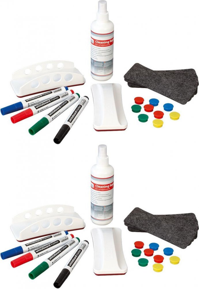 2x Zestaw startowy do tablic 2x3, 4 markery, 10 magnesów, 10 filców, holder magnetyczny, środek czyszczący w sprayu