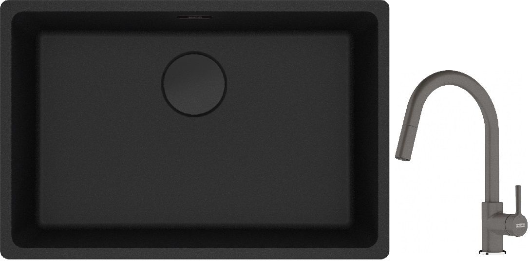 Franke Maris MRG 110-62 zlewozmywak 62x40 cm Fragranite czarny mat z baterią kuchenną Lina kamienny szary (1250697758, 1150626057)
