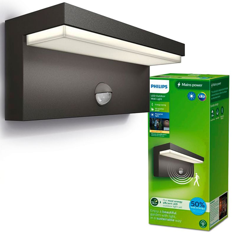 Kinkiet Ogrodowy Philips Lampa Elewacyjna Zewnętrzna LED 3.8W 800lm 4000K z Czujnikiem Ruchu i Zmierzchu Antracyt 1 szt.