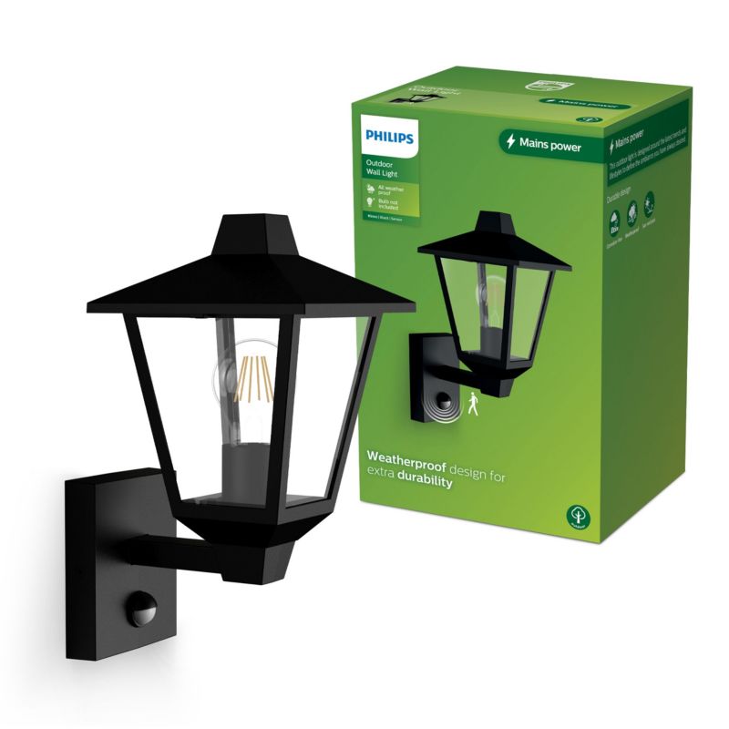 Kinkiet Ogrodowy Philips Lampa Elewacyjna Zewnętrzna Latarnia E27 IP44 z Czujnikiem Ruchu i Zmierzchu Czarna 1 szt.