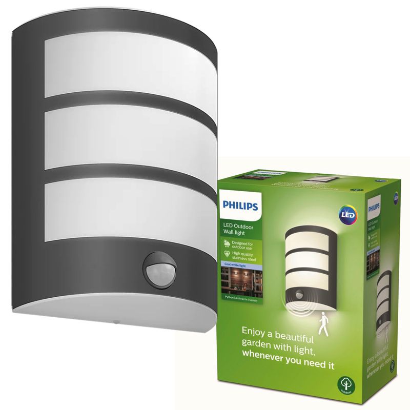 Kinkiet Ogrodowy Philips Lampa Elewacyjna Zewnętrzna LED 6W 500lm 4000K z Czujnikiem Ruchu i Zmierzchu Antracyt IP44 1 szt.