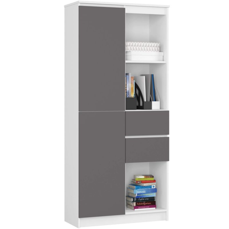 Regał Akord R15 Biały 80 cm 1 drzwi 2 szuflady kolor Grafit Szary mat 7 półek 80x35x180 cm 1 szt.