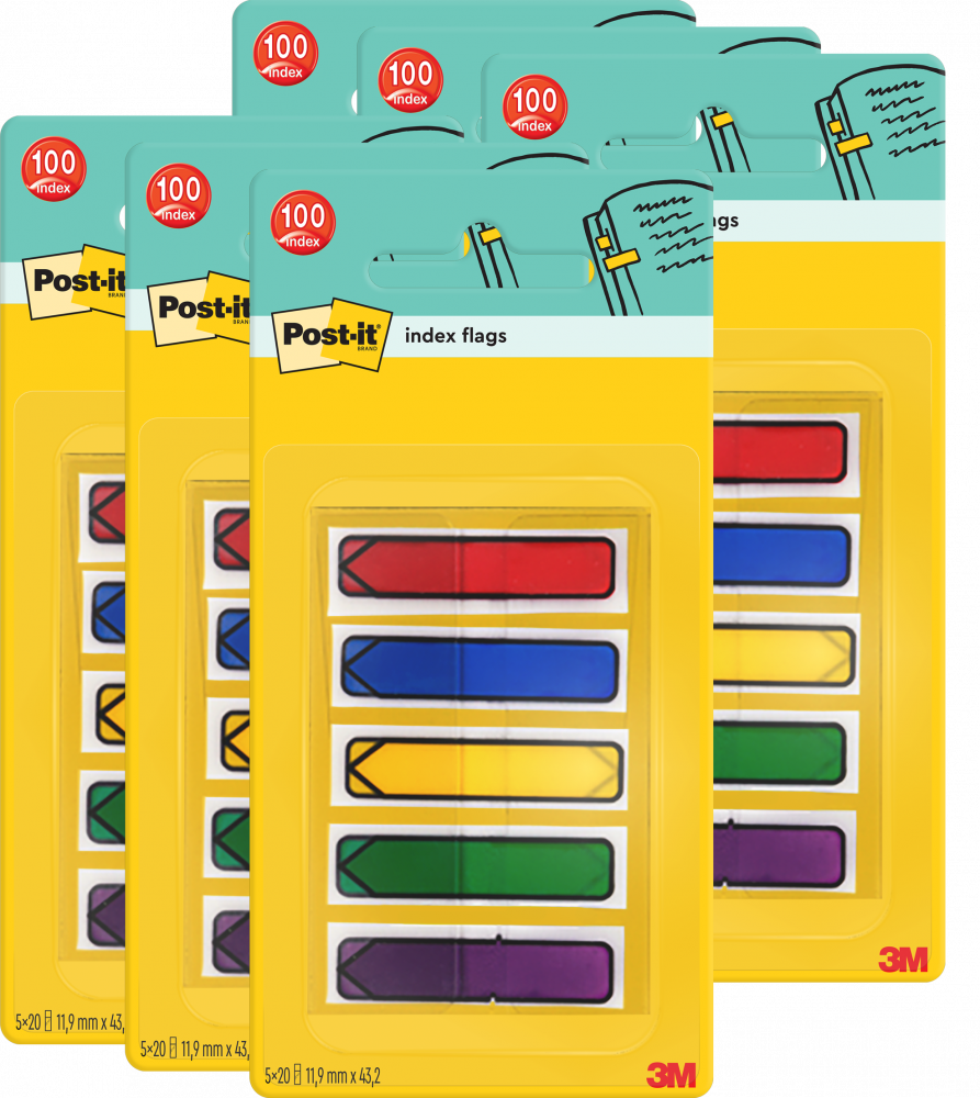 6x Zakładki samoprzylepne Post-it, indeksujące, strzałka, 11.9x43.2mm, 5x20 sztuk, mix kolorów