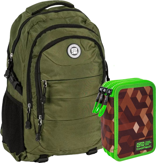 Zestaw: Plecak młodzieżowy Paso Active 50x33x22, ciemnozielony + Piórnik 3-komorowy CoolPack Jumper 3, z wyposażeniem, City Jungle