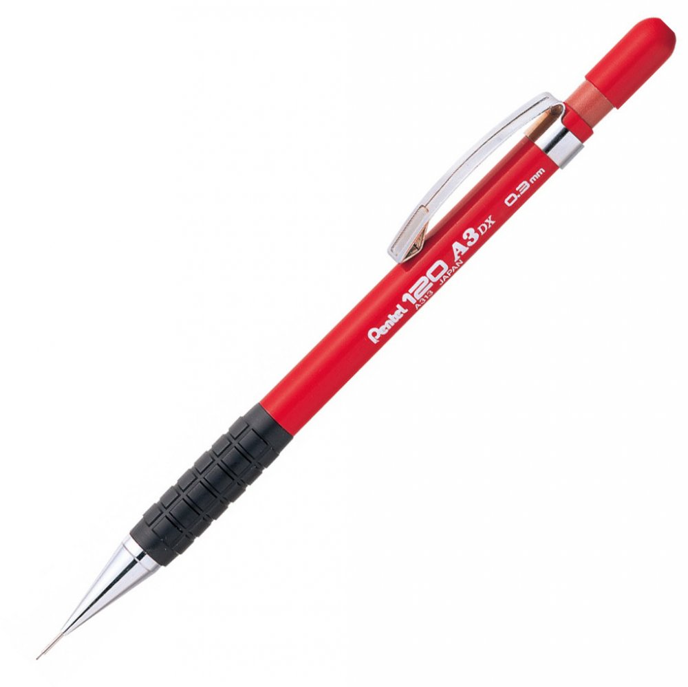 Ołówek automatyczny Pentel A300, 0.3mm, z gumką, czerwony
