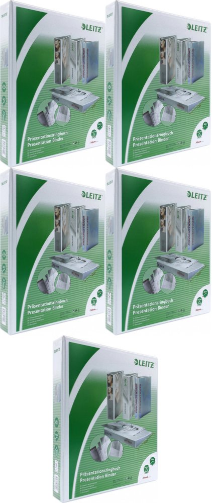 5x Segregator prezentacyjny Leitz, A4, szerokość grzbietu 51mm, do 280 kartek, 4 ringi, biały