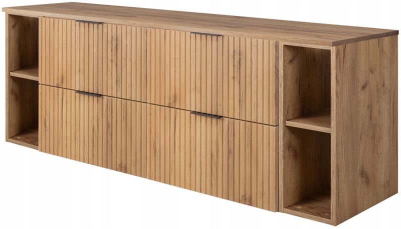 Szafka łazienkowa Furnidea 160 cm wisząca dąb craft złoty z czarnym blatem i regałami Flow 1 szt.