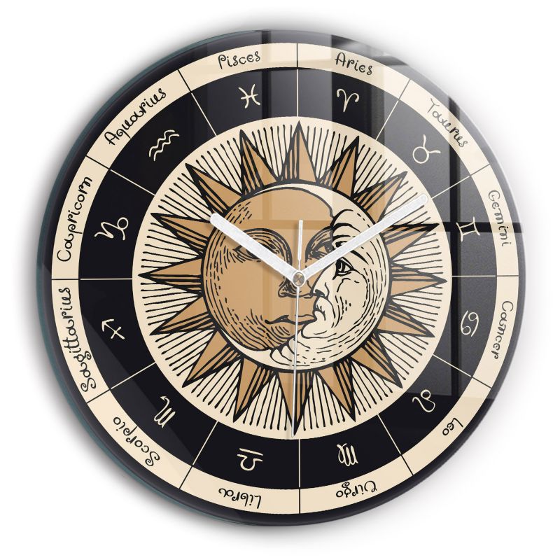 Zegar szklany białe wskazówki Wallfluent fi30 cm Słońce i zodiaki 1 szt.
