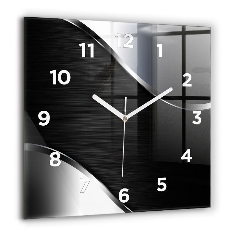 Zegar z białymi wskazówkami Wallfluent 60x60 cm Czarno srebrne linie Szklany 1 szt.