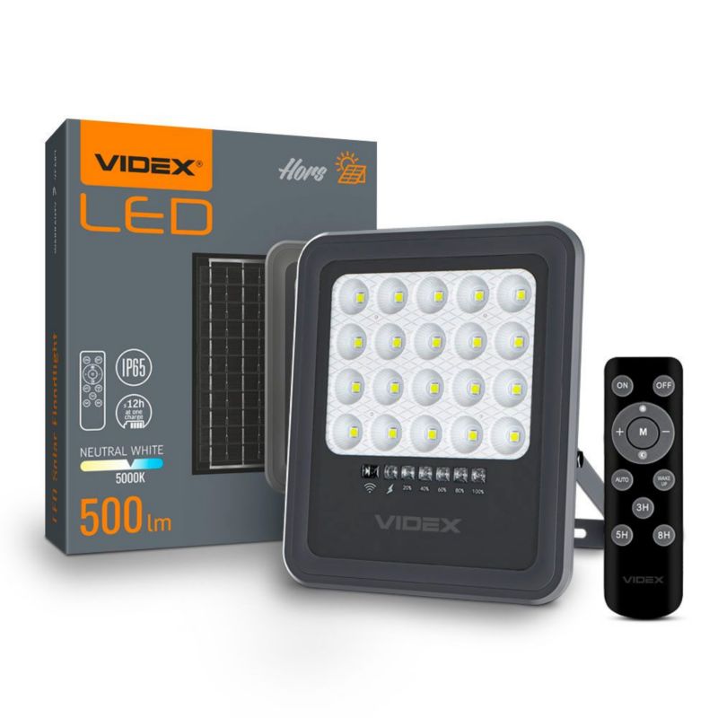 Naświetlacz solarny LED Videx szary LED 5000K 500lm z pilotem IP65 wym: 20 x 17 x 3,54 cm tworzywo sztuczne - 1 szt.
