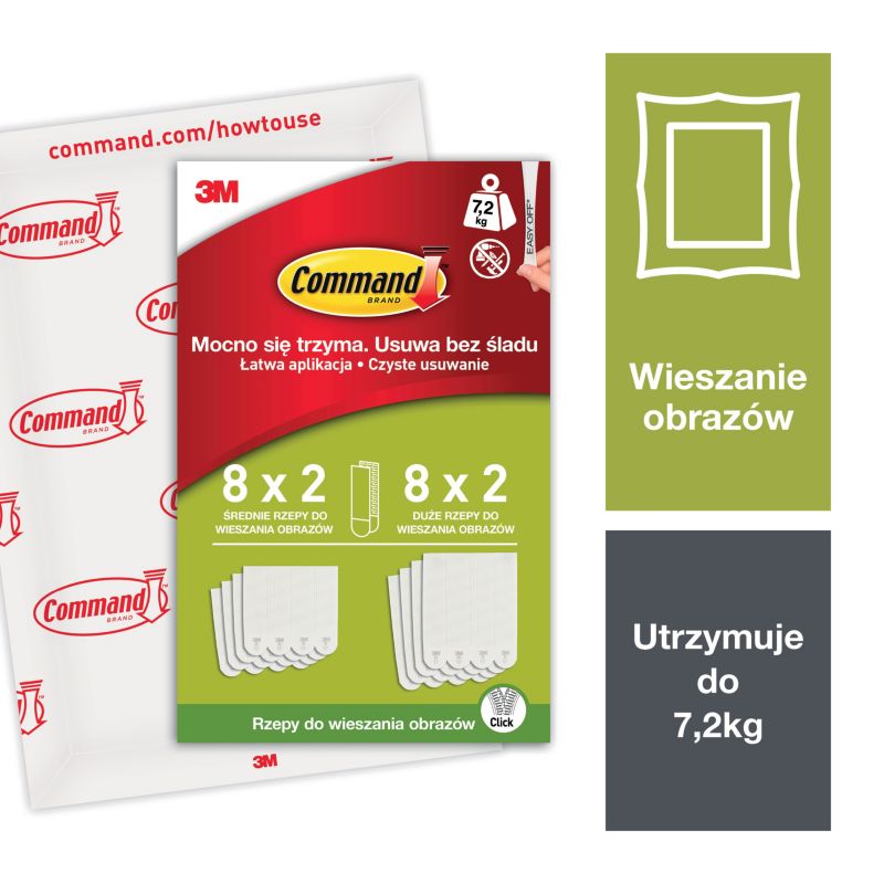 Rzepy do wieszania obrazów Command średnie i duże białe 8 x 2 L + 8 x 2 M 32 szt.