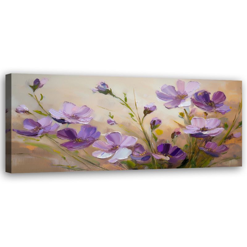 Obraz do salonu sypialni Feeby Fioletowe Kwiaty Rośliny Beżowy 90x30 cm 1 szt