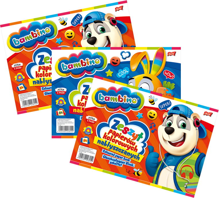 3x Zeszyt papierów kolorowych Bambino Zwierzaki Uczniaki, nabłyszczany, A4, 10 kartek
