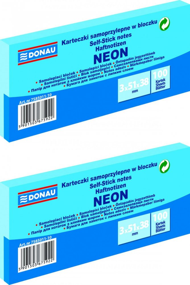 2x Karteczki samoprzylepne Donau, 38x51mm, 3x100 karteczek, neonowy niebieski