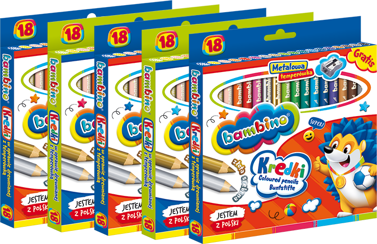 5x Kredki Bambino Zwierzaki Uczniaki, w oprawie drewnianej, 18 sztuk + temperówka, mix kolorów