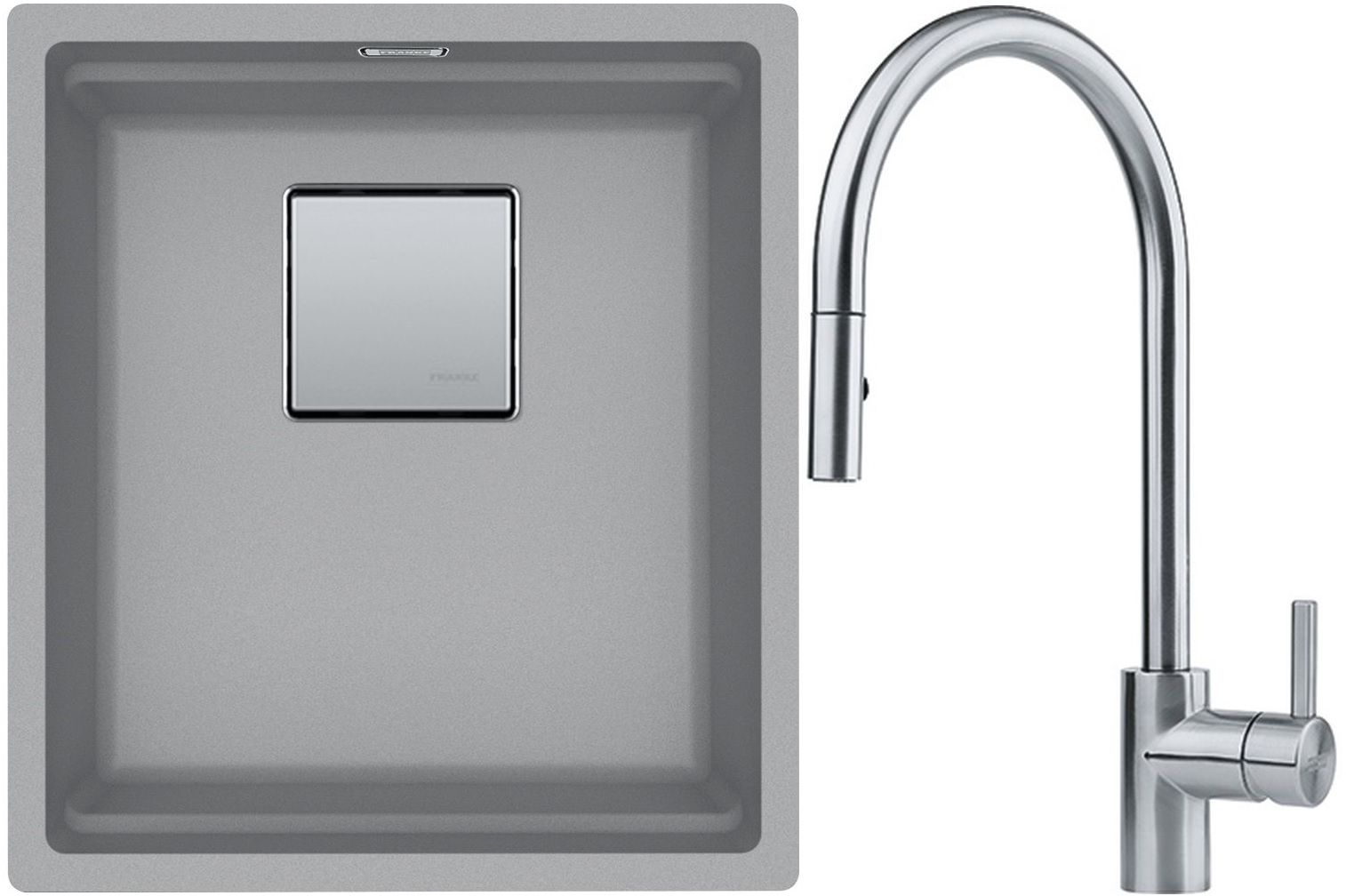 Franke Kanon KNG 110-37 zlewozmywak 37x42 cm Fragranite kamienny szary z baterią kuchenną Eos Neo stal szlachetna (1250528631, 1150590045)