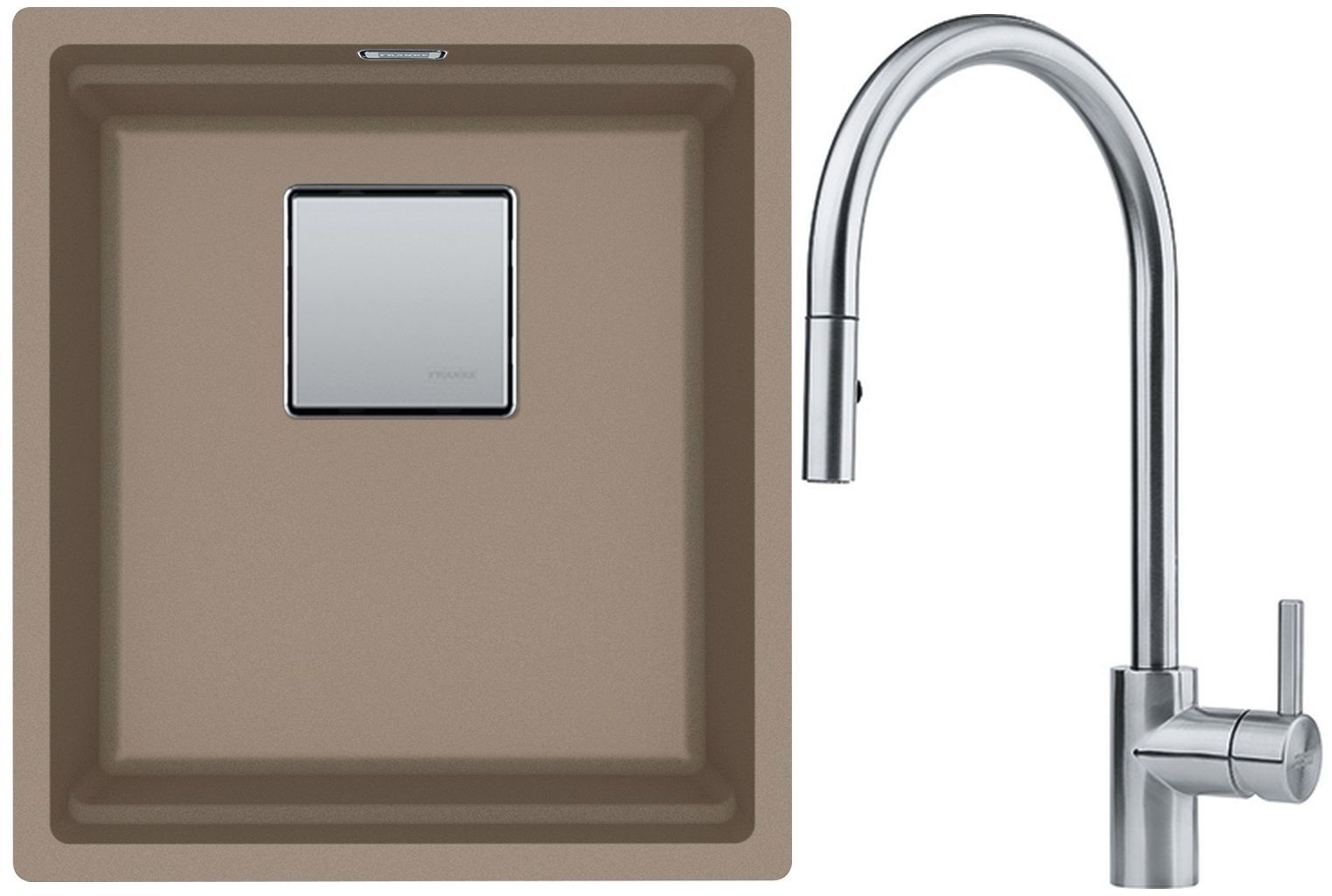 Franke Kanon KNG 110-37 zlewozmywak 37x42 cm Fragranite cappuccino z baterią kuchenną Eos Neo stal szlachetna (1250528629, 1150590045)
