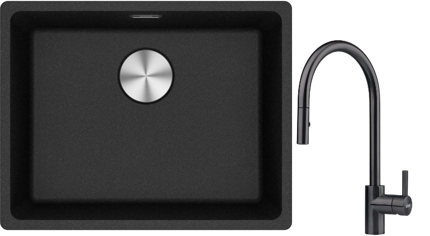 Franke Maris MRG 110-52 zlewozmywak 52x40 cm Fragranite onyx z baterią kuchenną Eos czarna stal szlachetna (1250687253, 1150613671)