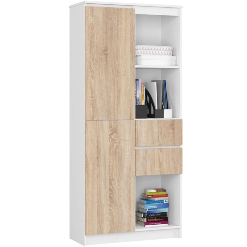 Regał Akord R15 Biały 80 cm 1 drzwi 2 szuflady kolor Dąb Sonoma mat 7 półek 80x35x180 cm 1 szt.