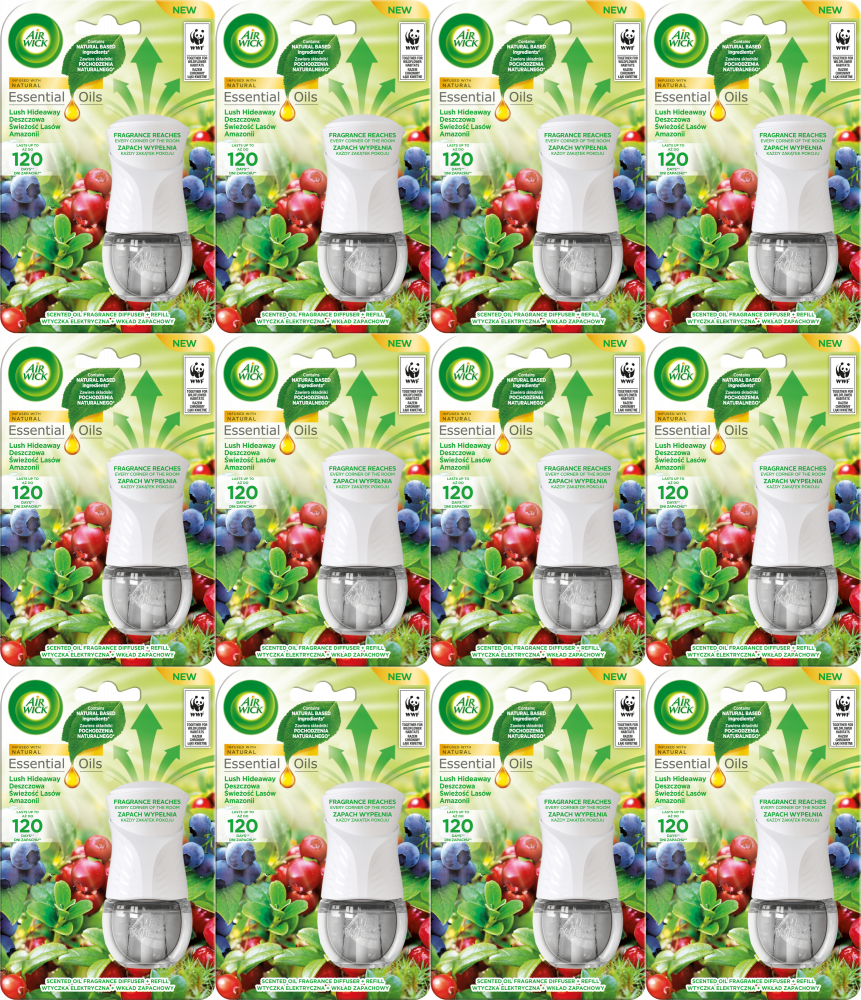 12x Odświeżacz elektryczny Air Wick, Deszczowa świeżość lasów Amazonii, urządzenie + wkład 19ml