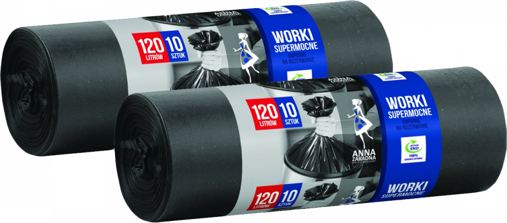 2x Worki na śmieci Anna Zaradna, na odpady zmieszane, ekologiczne, supermocne, 120l, 10 sztuk, czarny