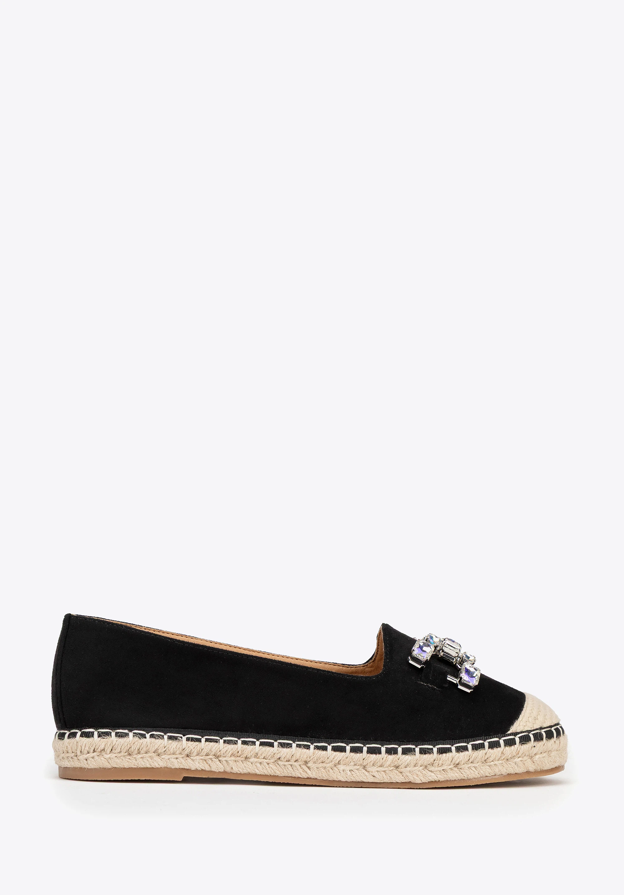Damskie espadryle z biżuteryjną ozdobą czarno - beżowe