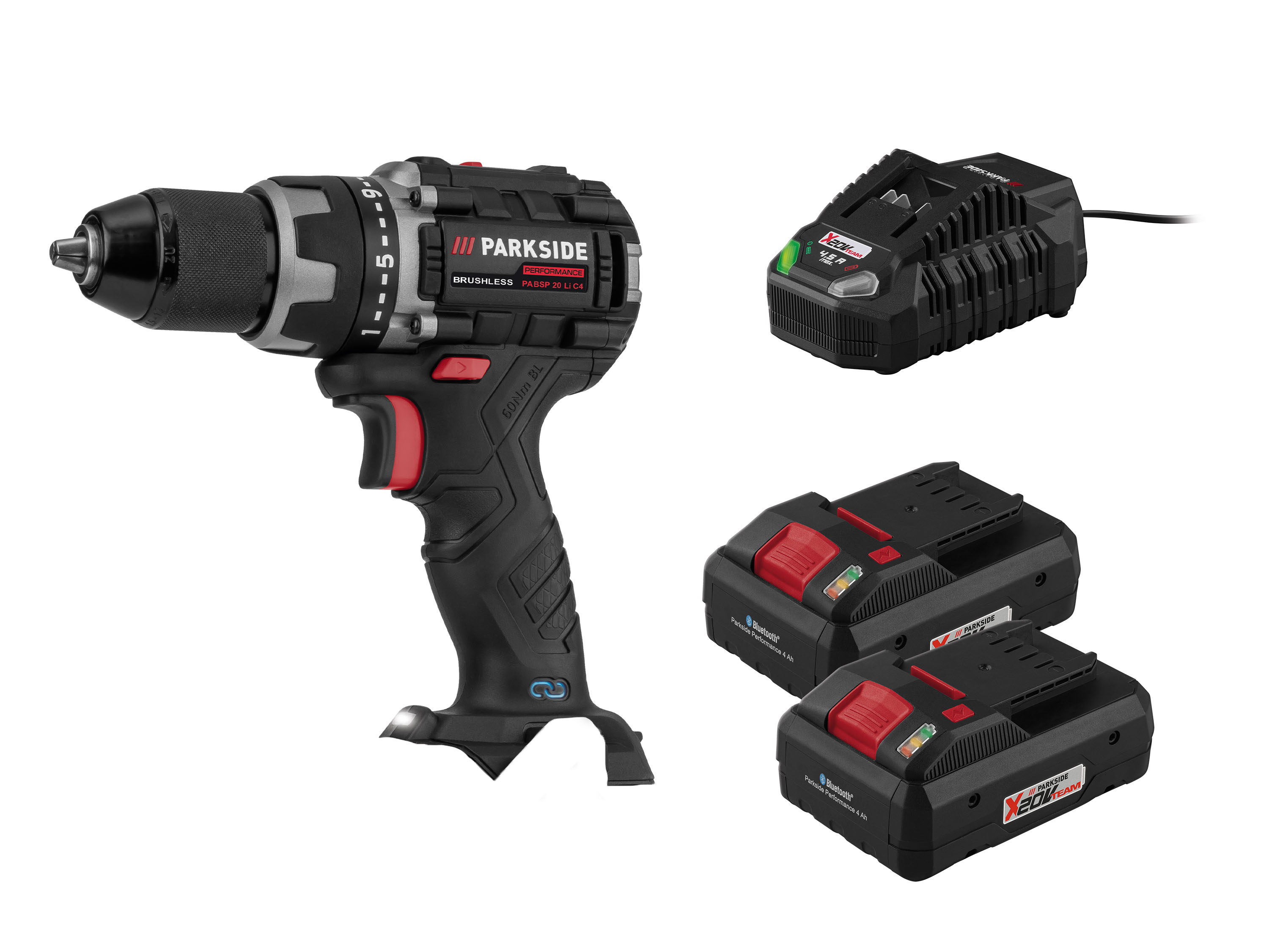 Parkside Performance Zestaw Akumulatorowa wiertarko-wkrętarka 20 V z 2 akumulatorami Smart, 4 Ah i szybką ładowarką, 4,5 A
