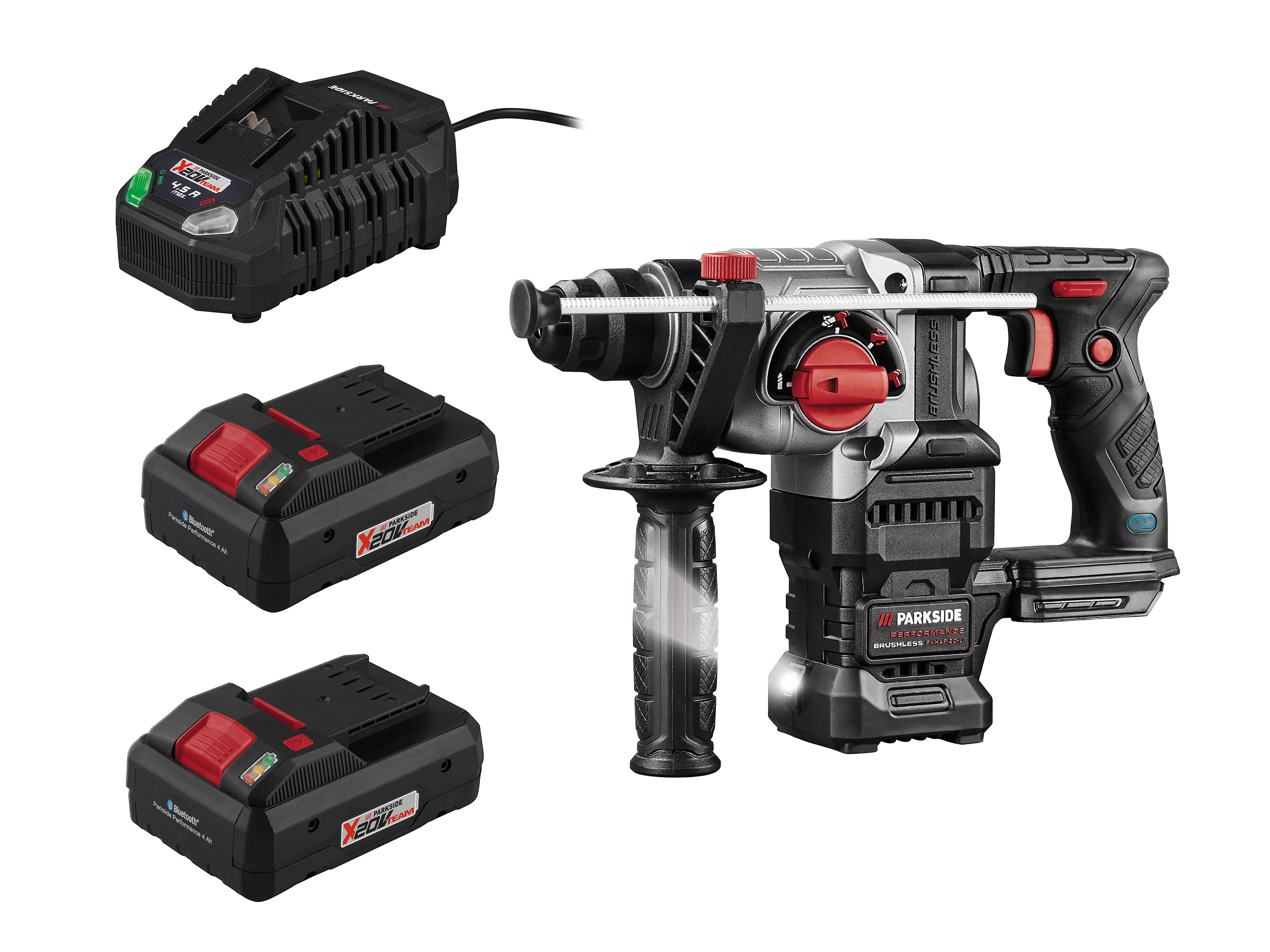 Parkside Performance Zestaw Akumulatorowa młotowiertarka, 20 V z 2 akumulatorami Smart, 4 Ah i szybką ładowarką, 4,5 A