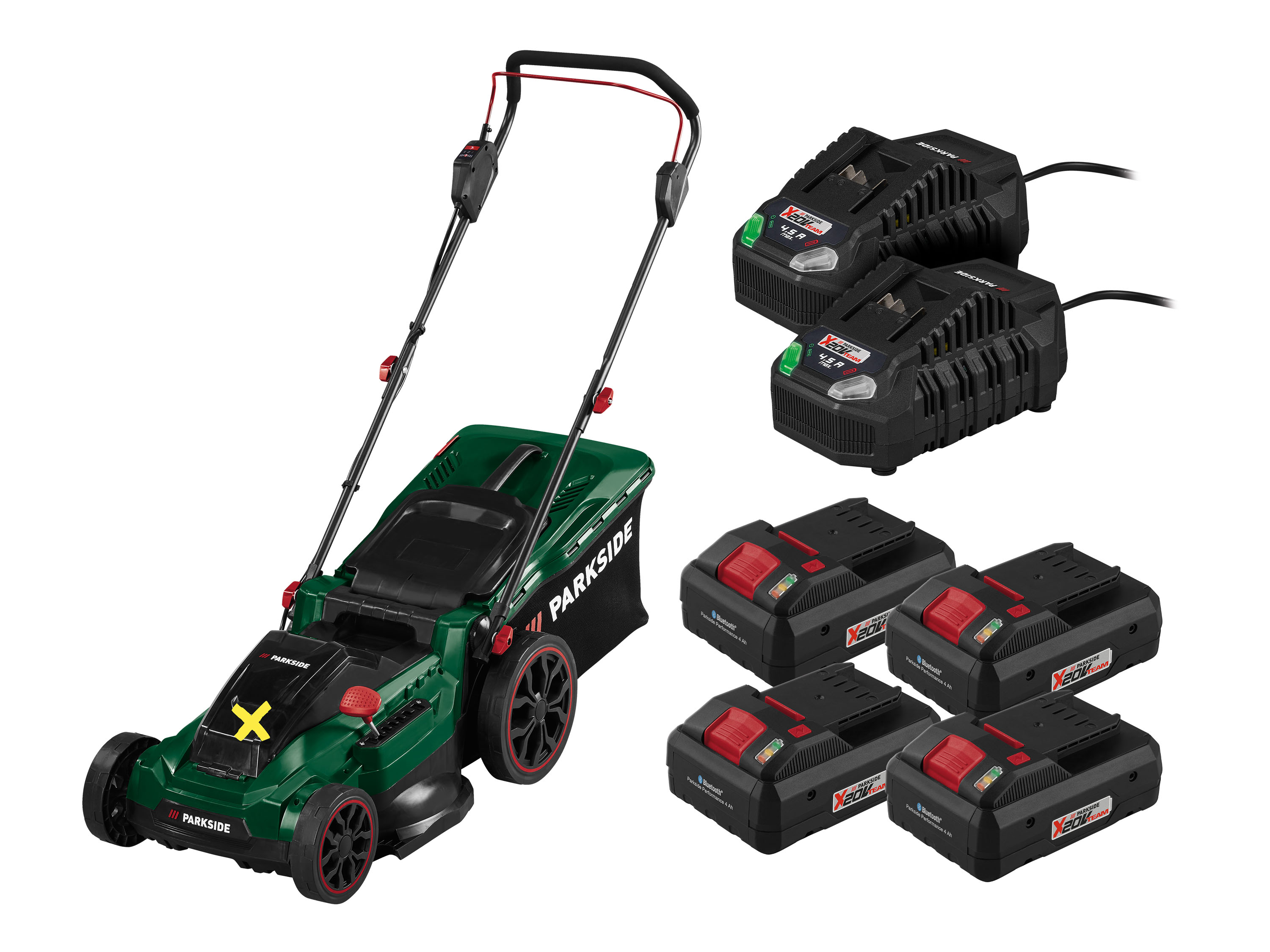 Parkside Zestaw Akumulatorowa kosiarka 40 V z 4 akumulatorami Smart, 4 Ah i 2 szybkimi ładowarkami, 4,5 A