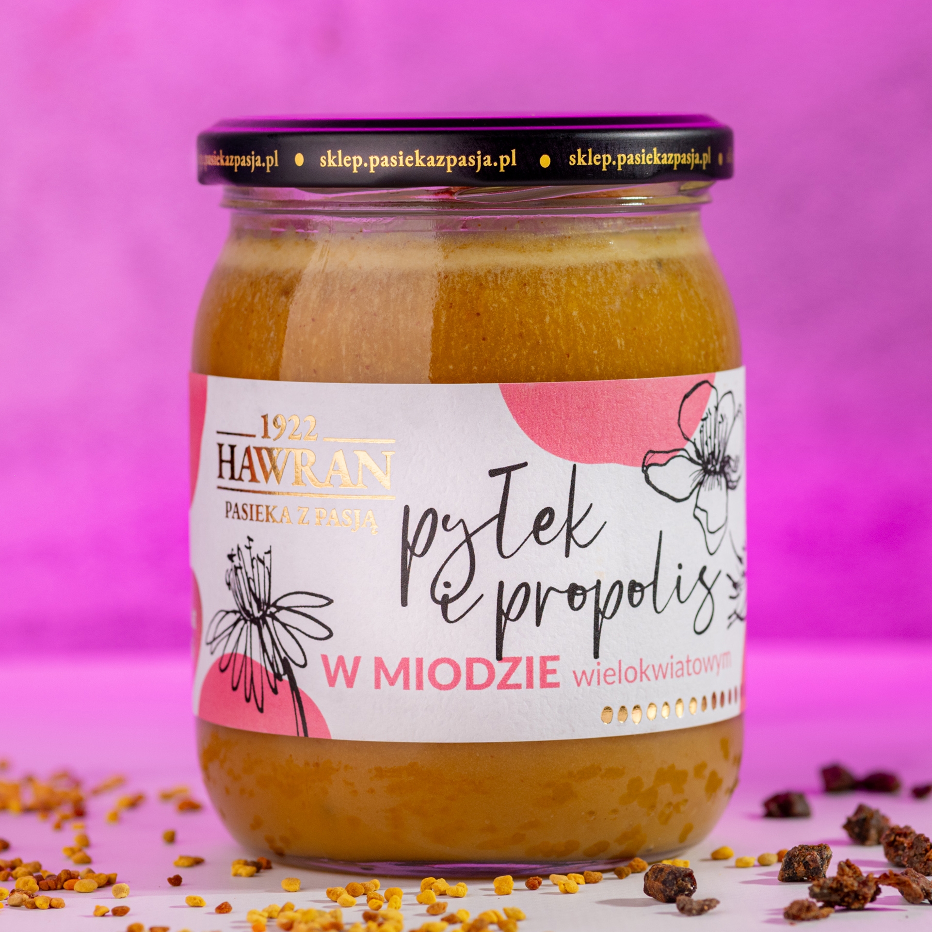 Pyłek i propolis w miodzie wielokwiatowym 630g - Pasieka z Pasją Hawran