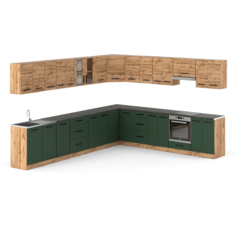 Zestaw Kuchenny Hurtownia-Mebli Z Blatem Kuchnia narożna Rossa 680cm Dąb Wotan Dąb Wotan/Butelkowa Zieleń 680x47x145 cm 1szt.