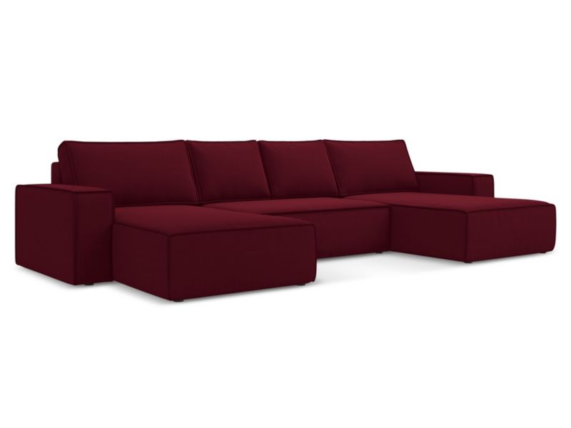 Sofa panoramiczna z funkcją spania Makamii Kimo z tkaniny welwetowej 398x185 cm burgundowy 1 szt.