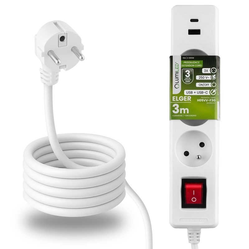 Przedłużacz Sieciowy Lumiled Kabel z Uziemieniem Listwa Zasilająca 3 Gniazda 3m z Włącznikiem Biały USB + USB-C Sznur 1 szt.