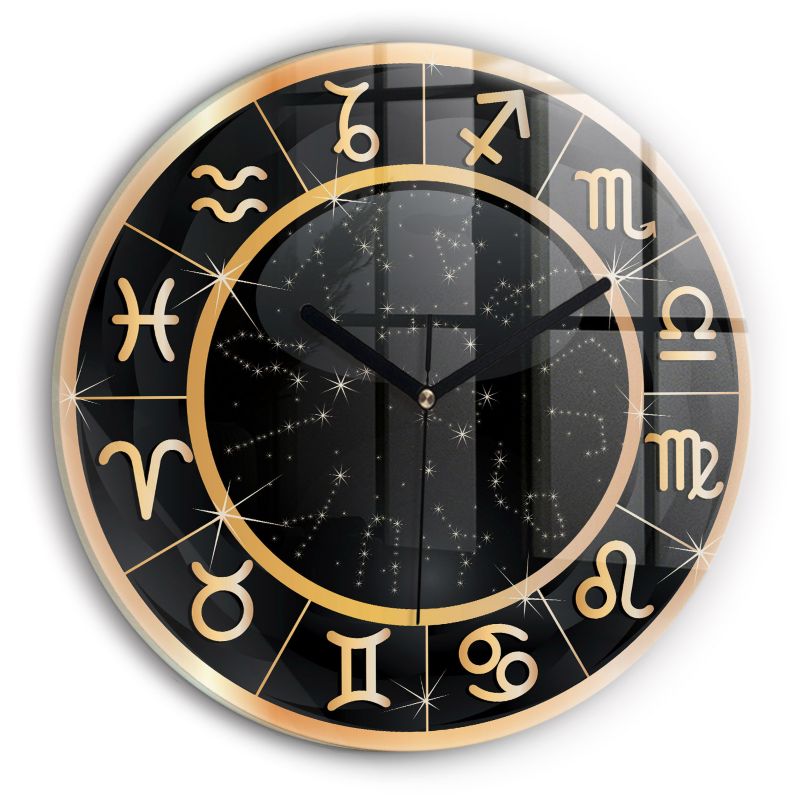Zegar szklany czarne wskazówki Wallfluent fi30 cm Czarne znaki zodiaku 1 szt.