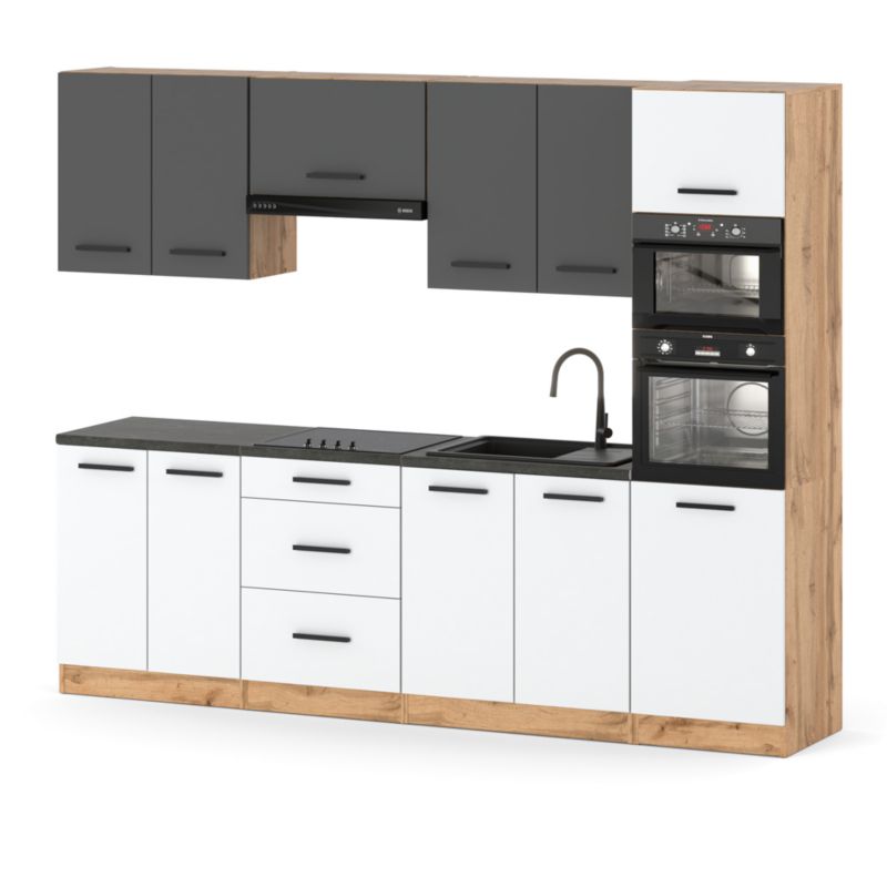 Zestaw Kuchenny Hurtownia-Mebli Z Blatem Kuchnia Marra 260cm Dąb Wotan Szary Mat/Biały Mat 260x47x217 cm 1szt.