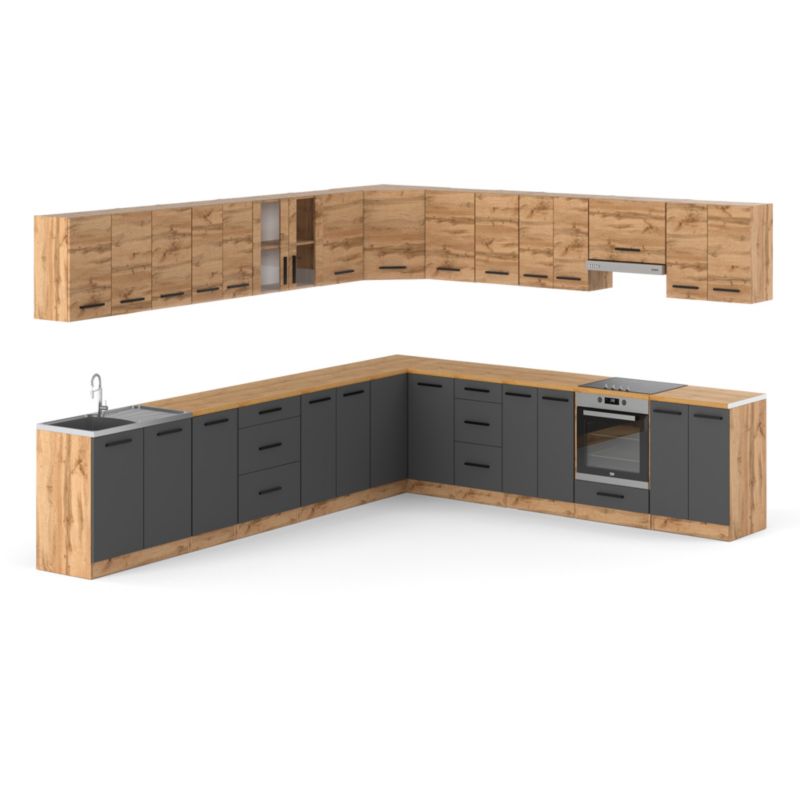 Zestaw Kuchenny Hurtownia-Mebli Z Blatem Kuchnia narożna Rossa 680cm Dąb Wotan Dąb Wotan/Szary Mat 680x47x145 cm 1szt.