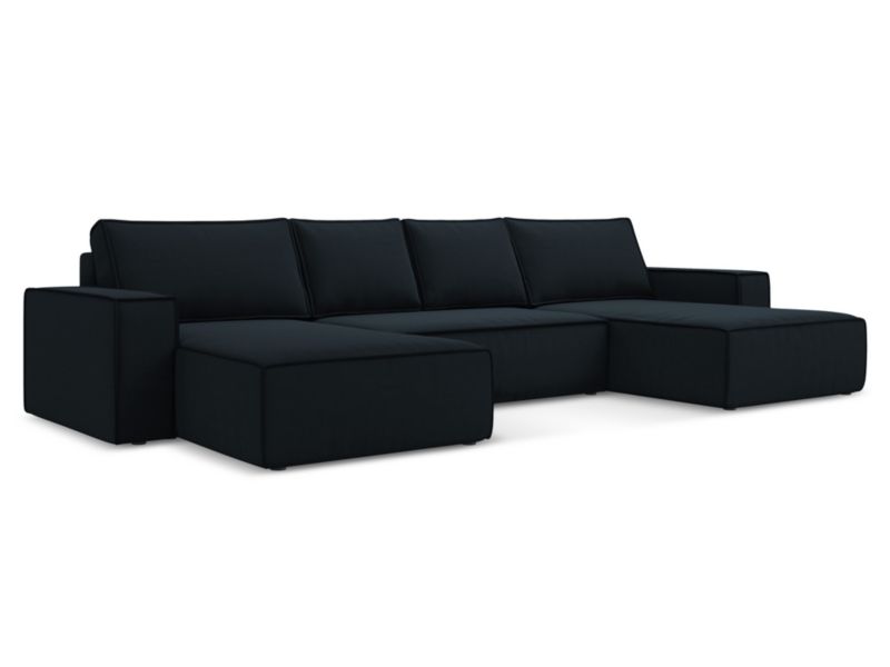 Sofa panoramiczna z funkcją spania Makamii Kimo z tkaniny welwetowej 398x185 cm królewski niebieski 1 szt.