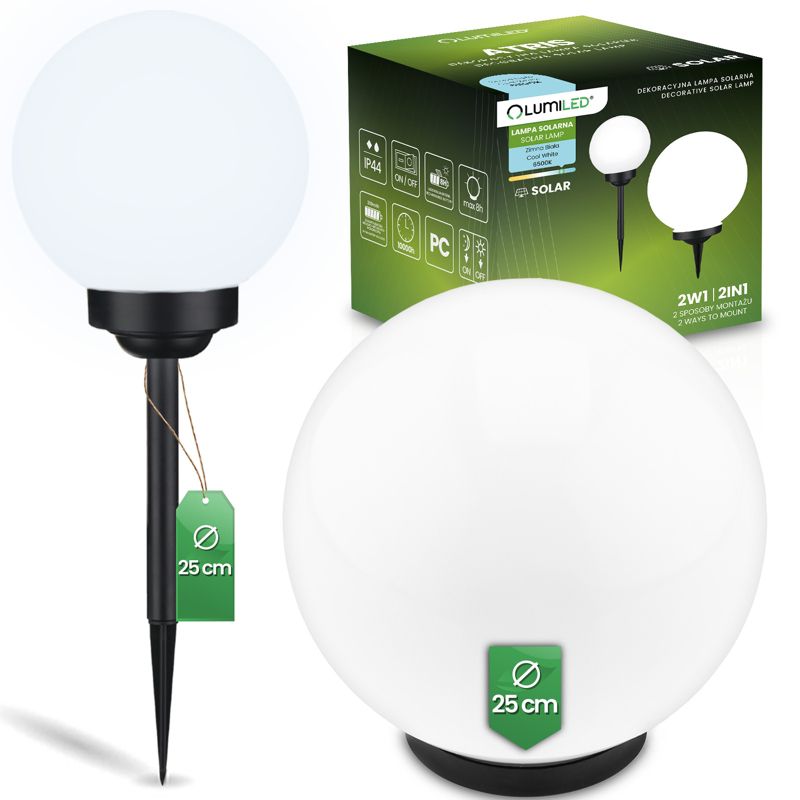 Lampa Solarna Lumiled Ogrodowa LED 6500K IP44 25cm Wbijana Naziemna Biała Kulka 1 szt.