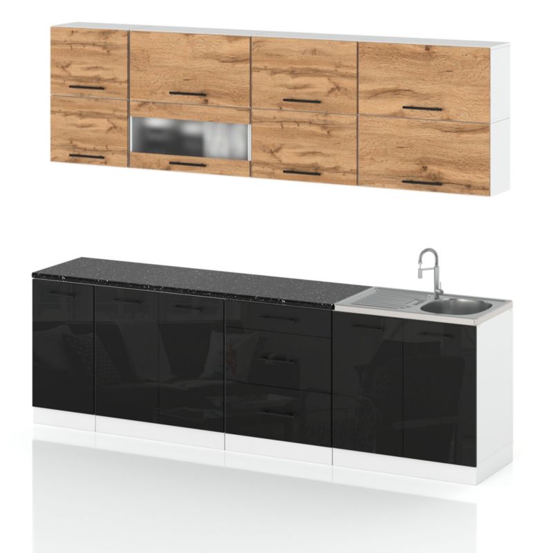 Zestaw Kuchenny Hurtownia-Mebli Z Blatem Kuchnia Robo Lux 260cm Biały Mat Dąb Wotan/Czarny Połysk 260x52x157 cm 1szt.