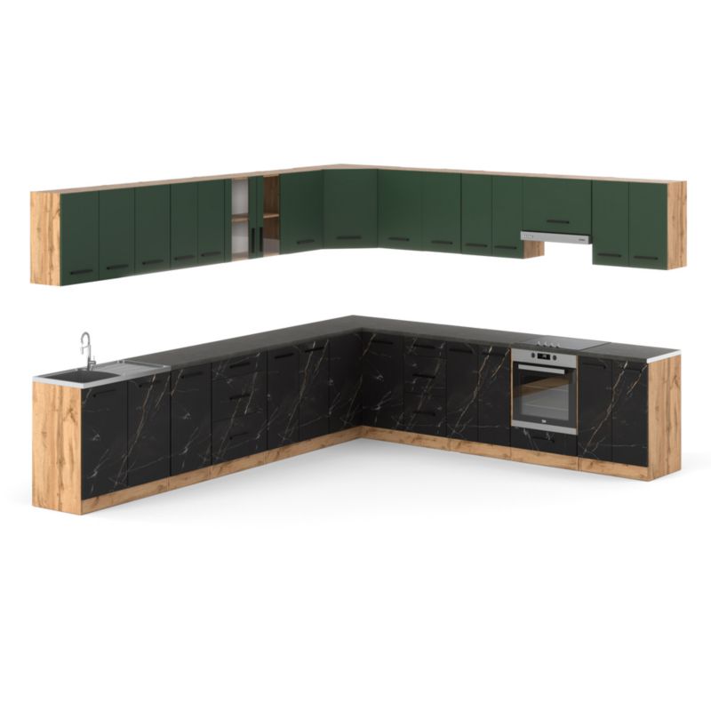 Zestaw Kuchenny Hurtownia-Mebli Z Blatem Kuchnia narożna Rossa 680cm Dąb Wotan Butelkowa Zieleń/San Sebastian 680x47x145 cm 1sz
