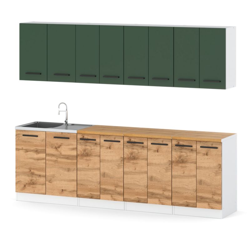Zestaw Kuchenny Hurtownia-Mebli Z Blatem Kuchnia Vero 260cm Biały Mat Butelkowa Zieleń/Dąb Wotan 260x47x145 cm 1szt.