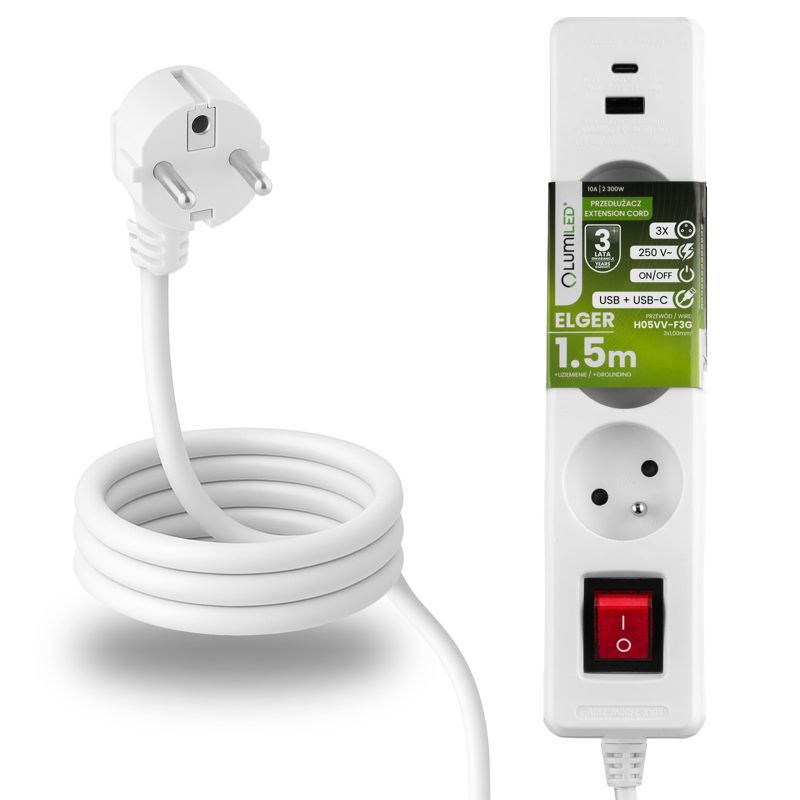 Przedłużacz Sieciowy Lumiled Kabel z Uziemieniem Listwa Zasilająca 3 Gniazda 1.5m z Włącznikiem Biały USB + USB-C Sznur 1 szt.