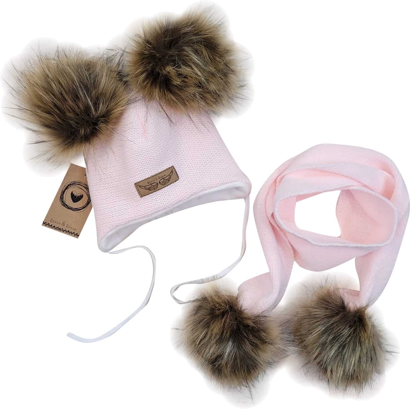 Komplet zimowy czapka wiązana z 2 pomponami + szalik róż ZZ - 19 m-cy - 5 lat