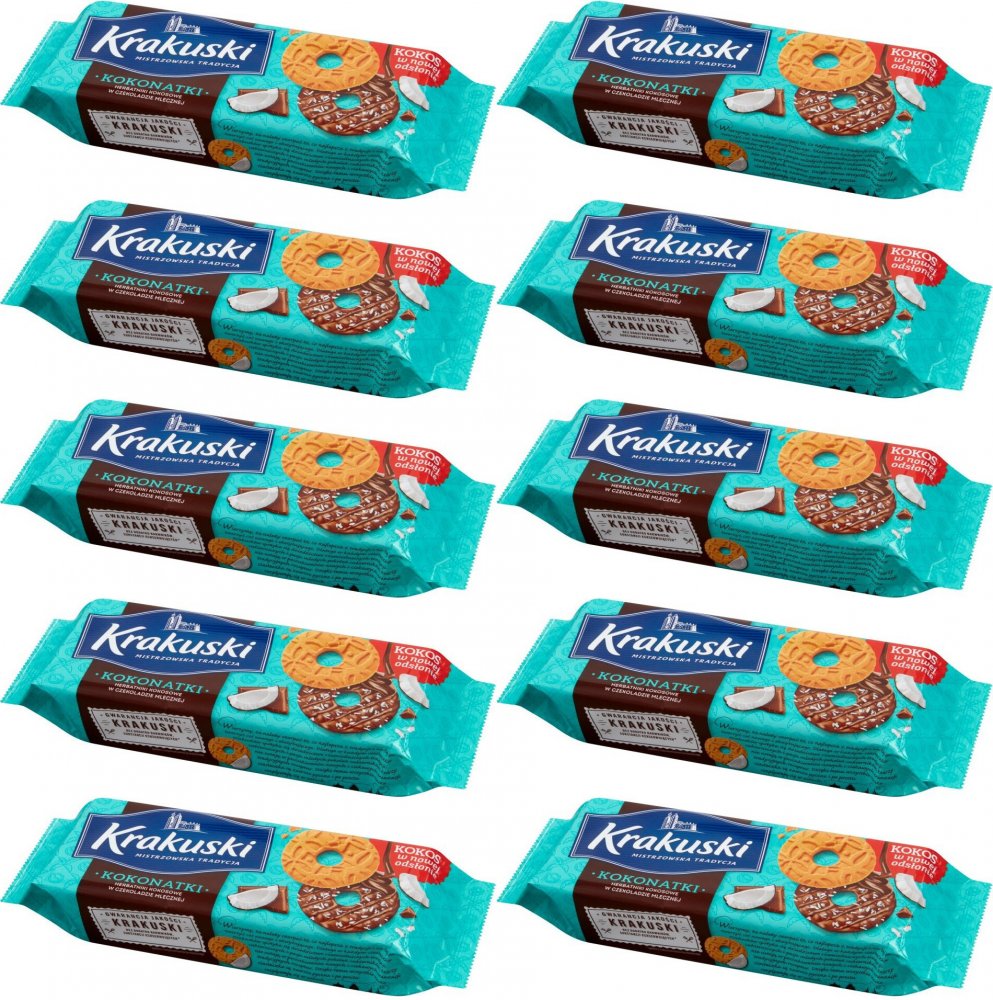 10x Herbatniki kokosowe Krakuski Kokonatki, w czekoladzie mlecznej, 174g
