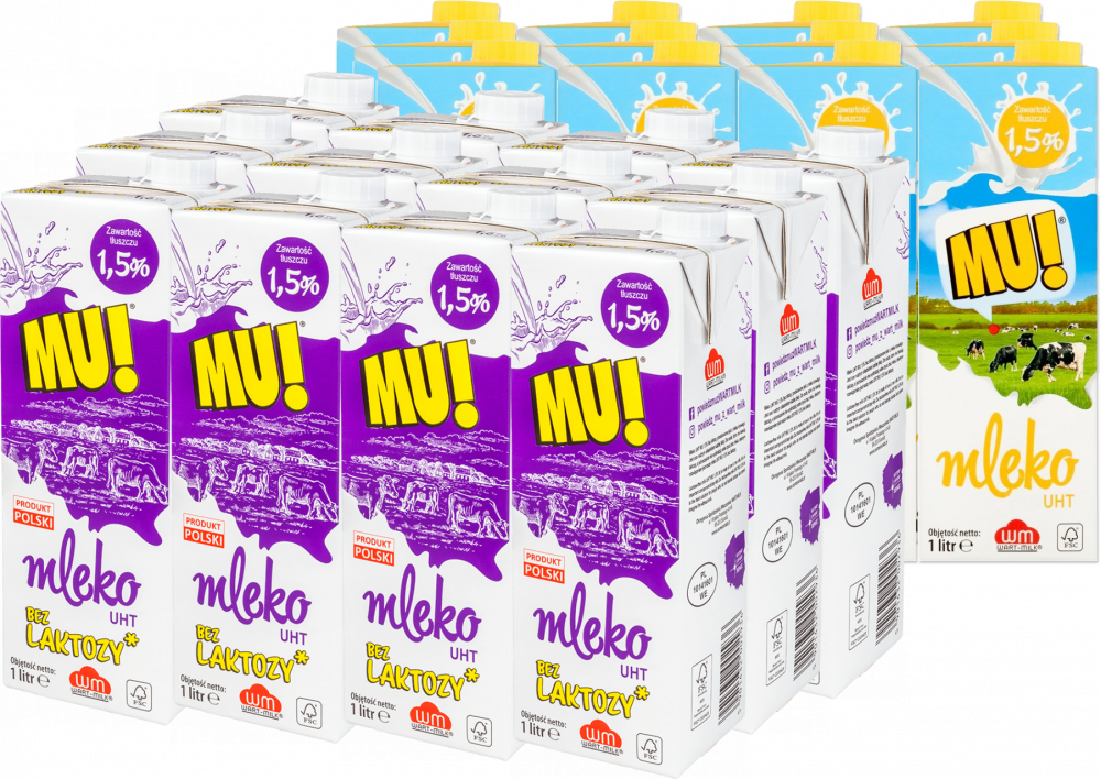 Zestaw 12x Mleko UHT Wart-Milk MU!, bez laktozy, 1.5%, 1l + 12x Mleko UHT Wart-Milk MU!, 1.5%, 1l