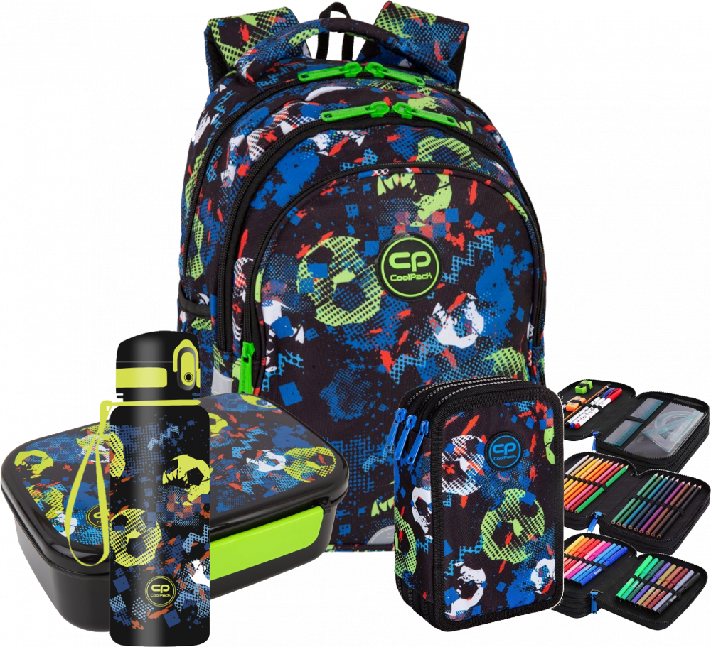 Zestaw: Plecak szkolny Jerry + piórnik Jumper 3 z wyposażeniem + lunchbox Foodyx + bidon na wodę Brisk Mini CoolPack Football Blue