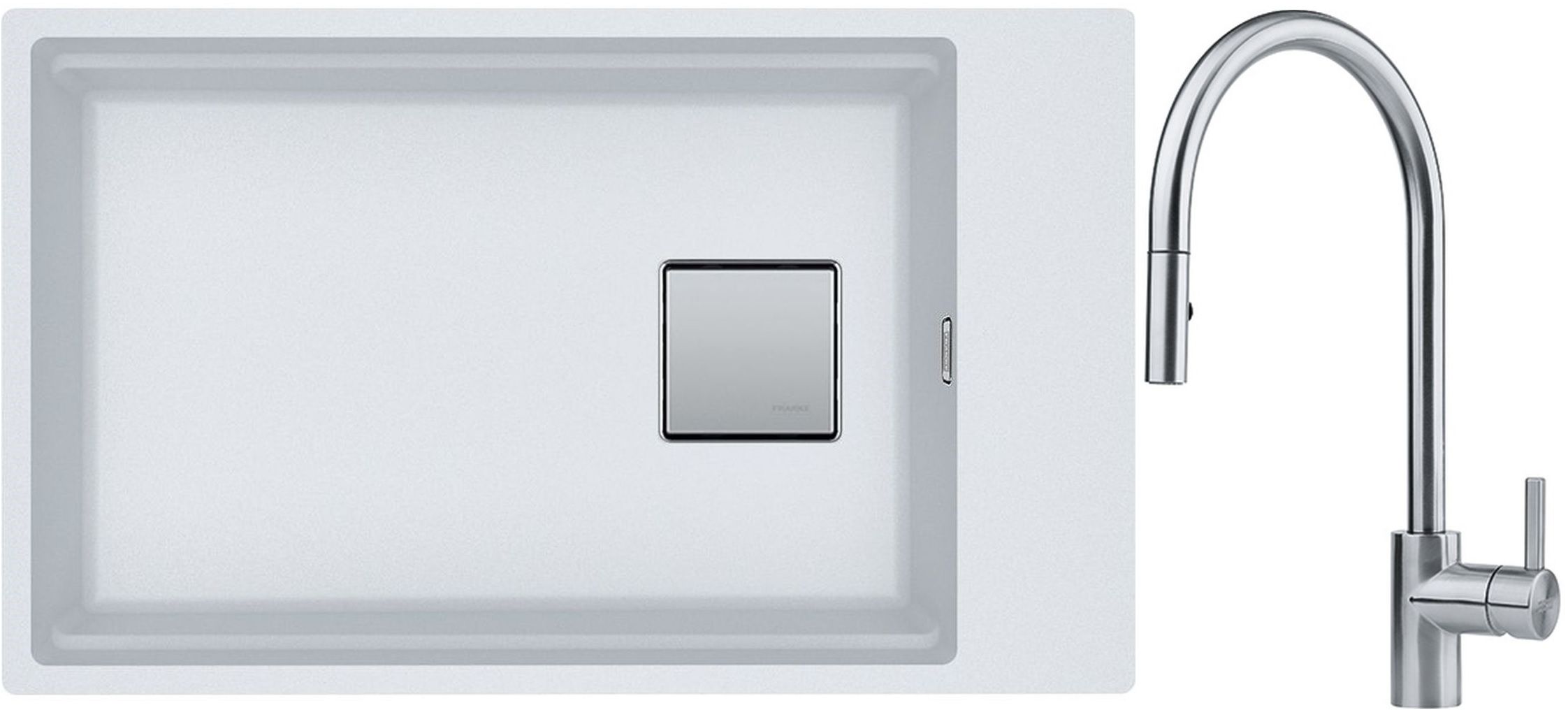 Franke Kanon KNG 110-62 zlewozmywak 62x42 cm Fragranite biały polarny z baterią kuchenną Eos Neo stal szlachetna (1250528622, 1150590045)