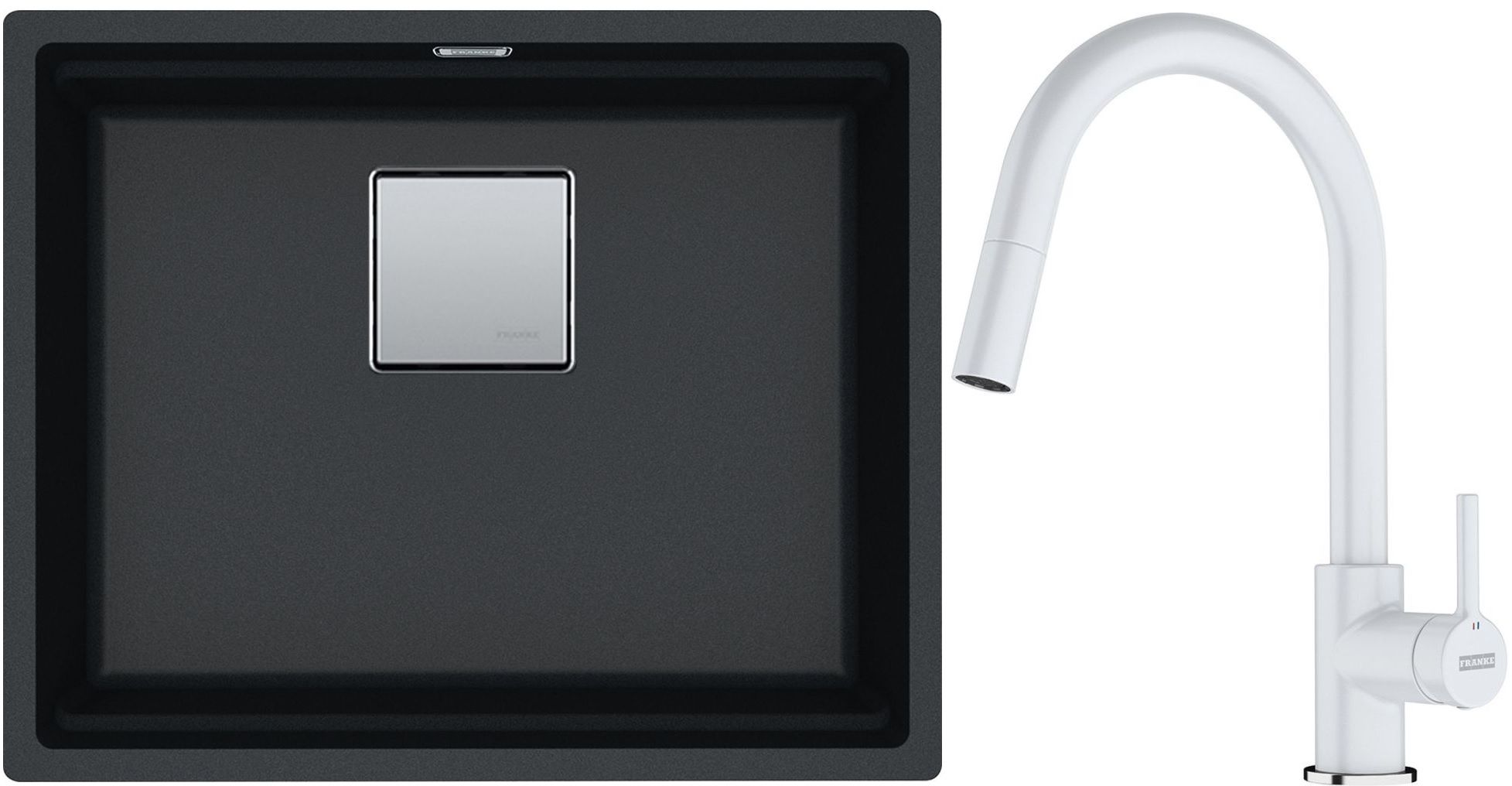 Franke Kanon KNG 110-52 zlewozmywak 52x42 cm Fragranite onyx z baterią kuchenną Lina Pull-Out biały polarny (1250528612, 1150626081)