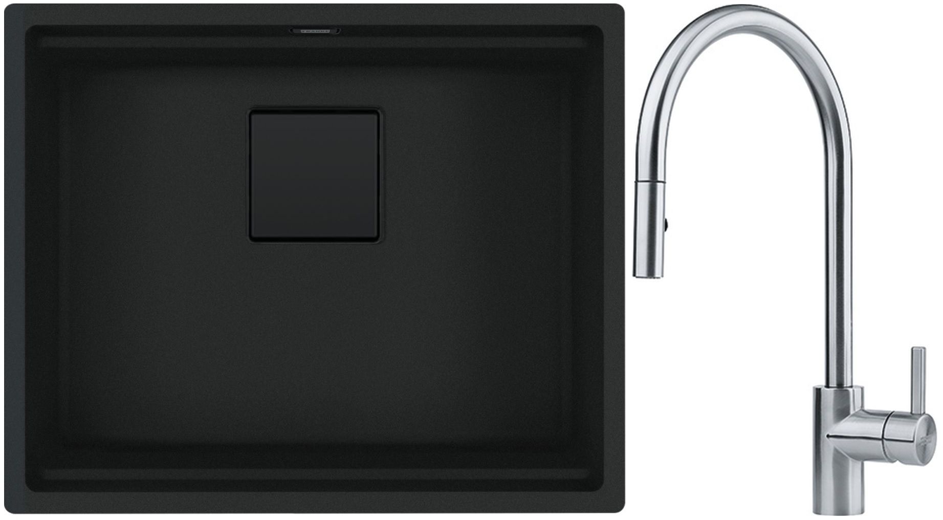 Franke Kanon KNG 110-52 zlewozmywak 56x46 cm Fragranite czarny mat z baterią kuchenną Eos Neo stal szlachetna (1250721150, 1150590045)